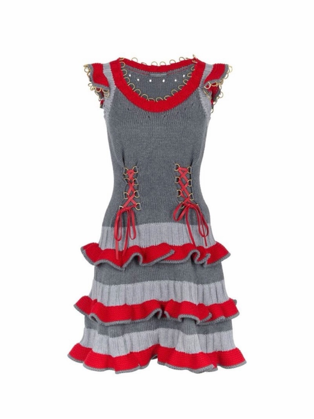Gray and Red Ruffle Knit Dress